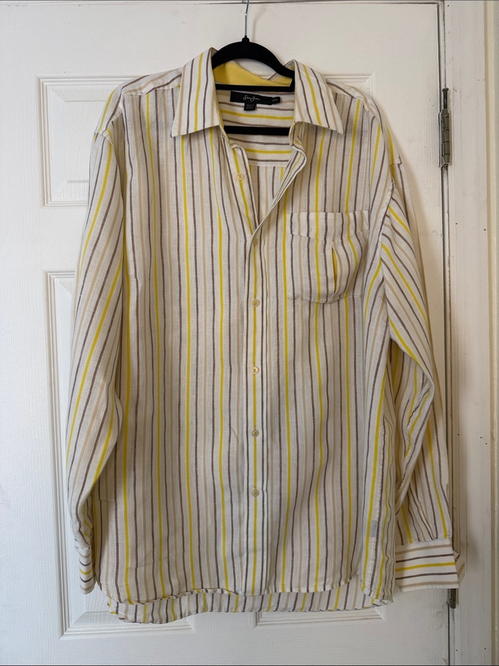 Sean John Striped Linen Button Down Shirt XXL Yellow Brown White Casual Summer